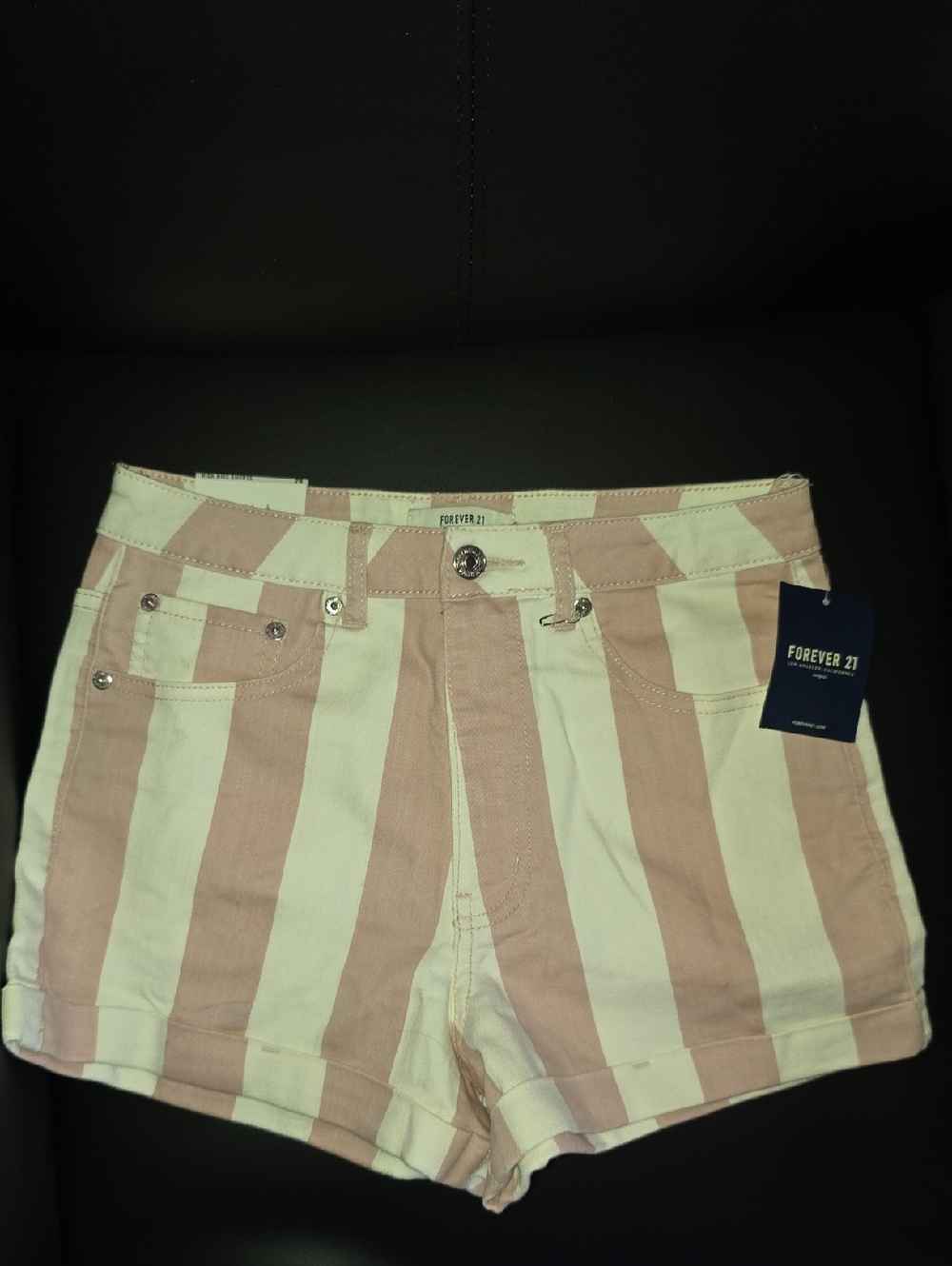 Forever 21 Pink and White Striped High-Rise Denim Shorts